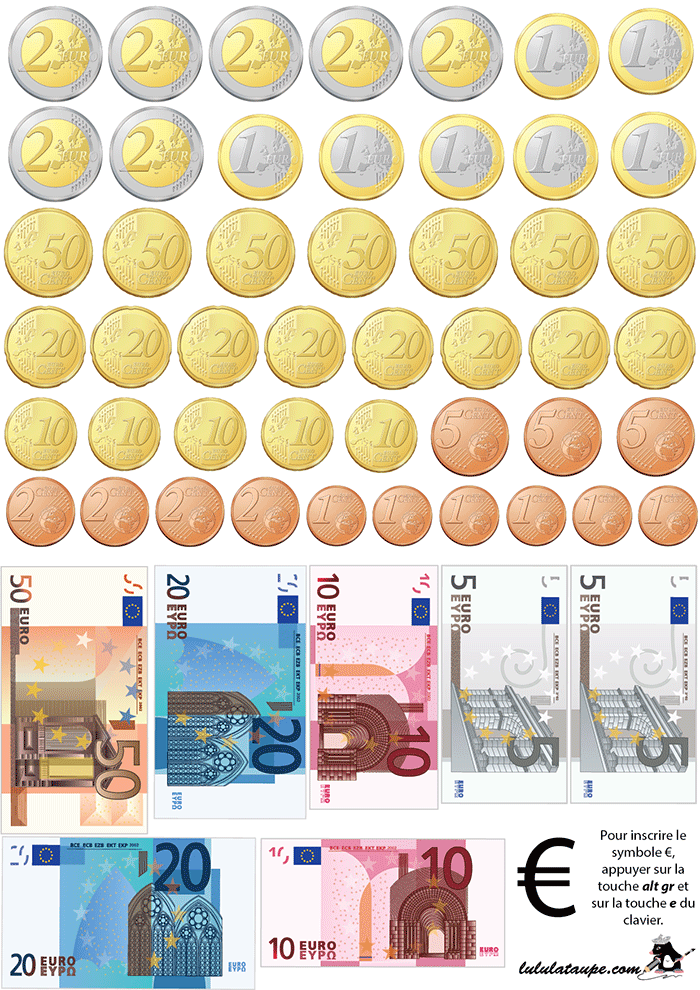 Billets et pièces en euros à imprimer et à découper
