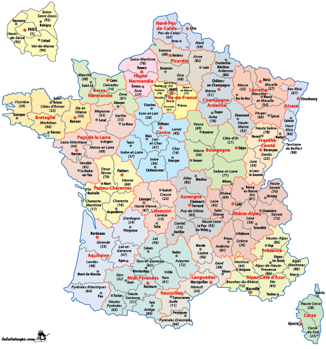 Carte de France à imprimer, départements, préfectures, régions
