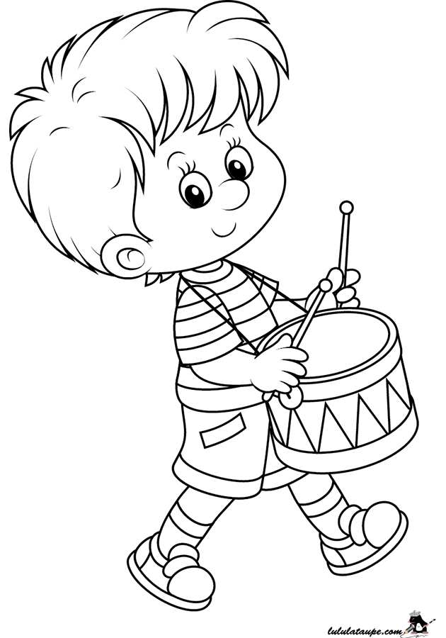 Dessin à colorier, un garçon qui joue du tambour