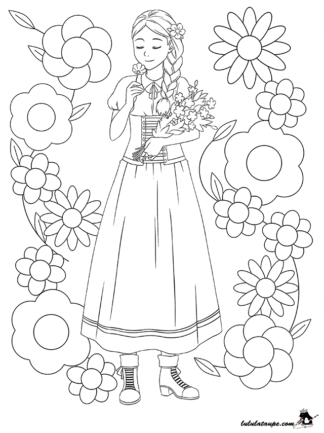 Dessin gratuit à colorier : une fille entourée de fleurs