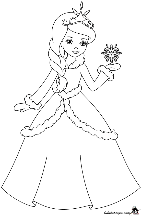Dessin à colorier, une princesse avec vêtements d'hiver