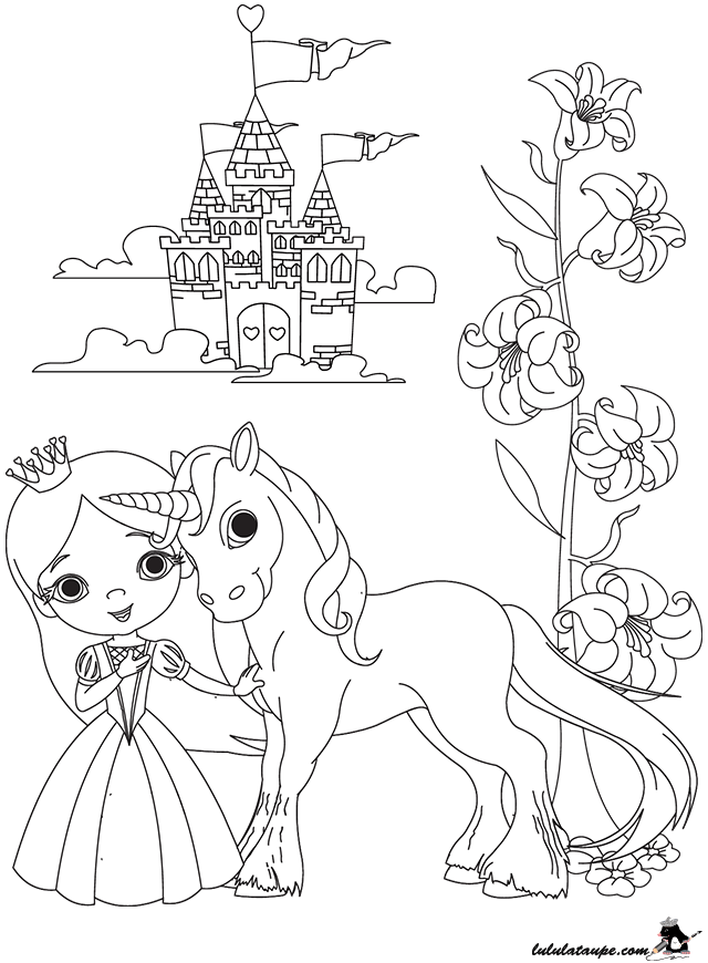 Dessin à colorier, une princesse et un château