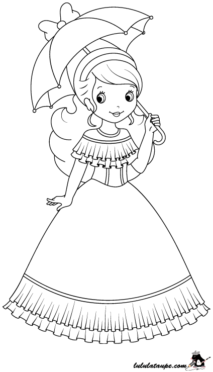 Dessin à colorier, une princesse avec ombrelle