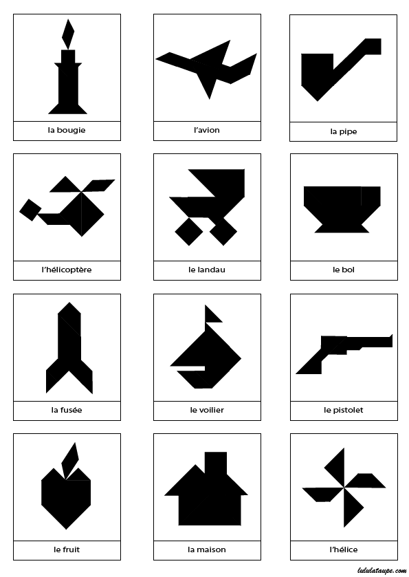 Page de modèles d'objets à réaliser avec un jeu Tangram