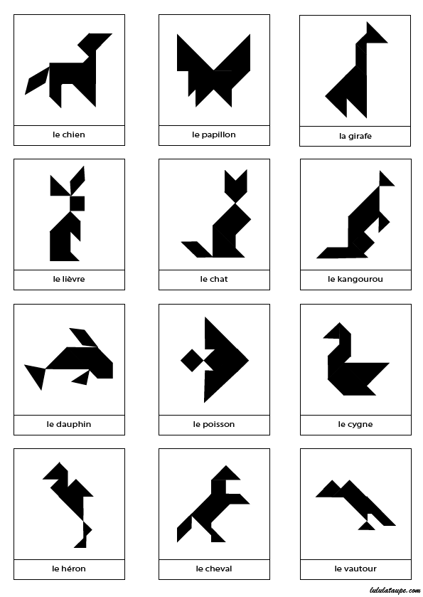 Fiche de 12 silhouettes d'animaux à réaliser avec le jeu Tangram