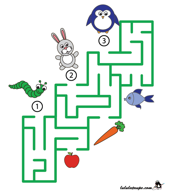 Jeu de labyrinthe à imprimer, les animaux et leur repas