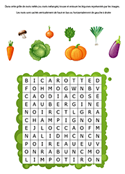 Grille de mots cachés à imprimer sur le thème des légumes