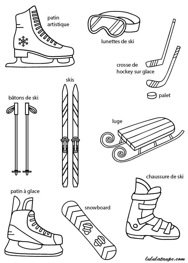 Imagier gratuit à imprimer ; les activités en hiver ; luge, snowboard, ski, hockey sur glace