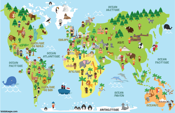 Carte du monde à imprimer, les cinq continents avec les animaux, les monuments