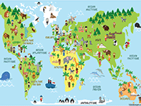 Carte du monde, animaux, monuments et enfants de différentes nationalités