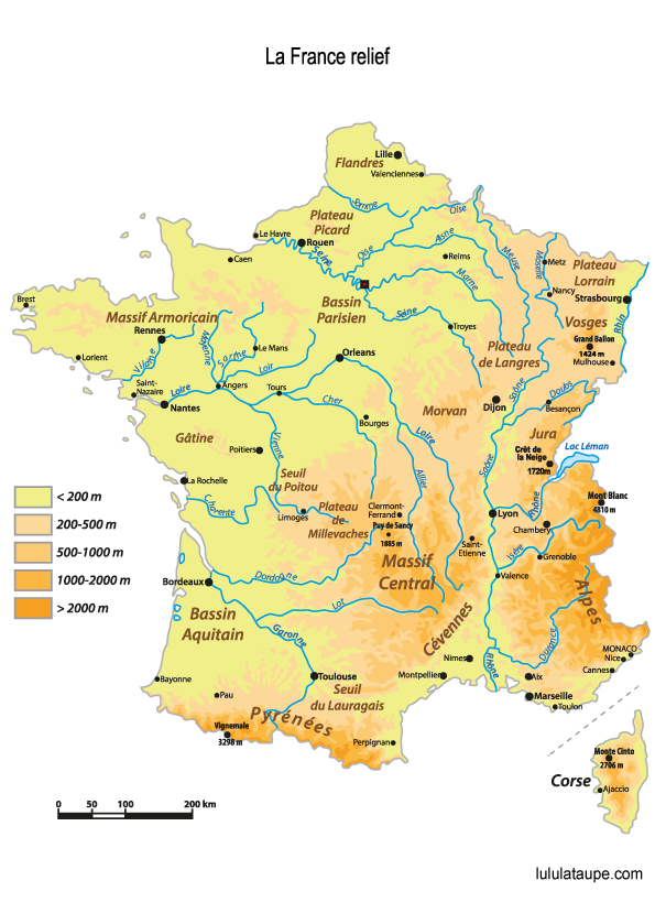 Carte de France des reliefs, montagnes et sommets, principales villes, fleuves