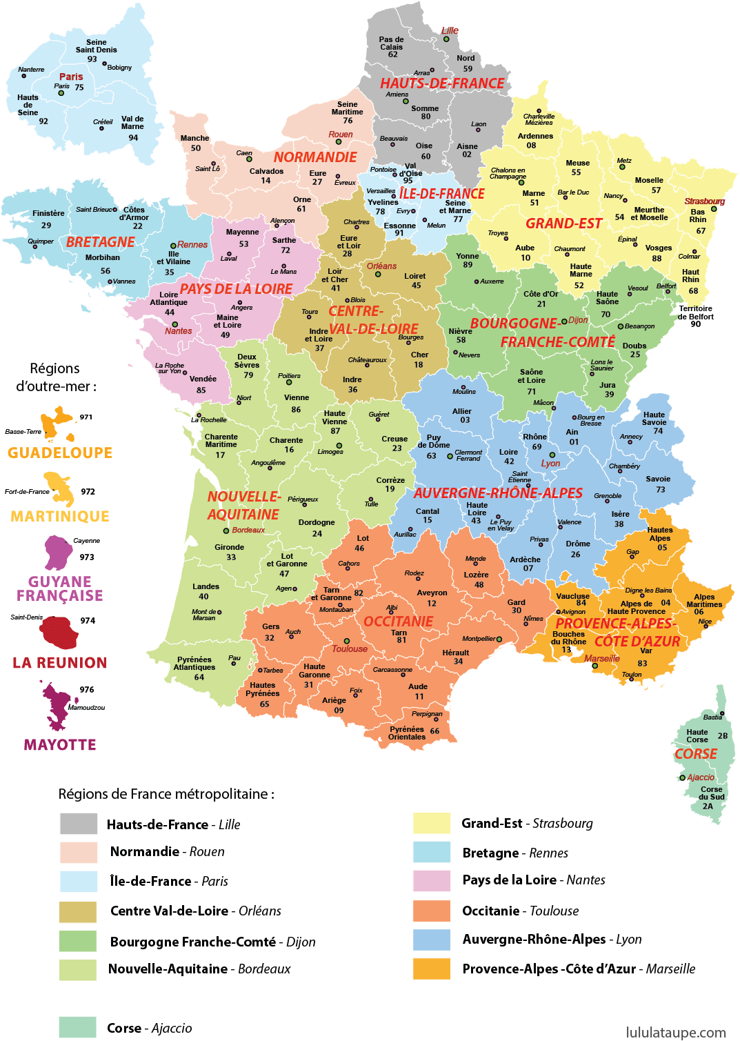 Carte des 13 régions de France à imprimer, départements, préfectures