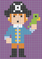 Coloriage codé sur grille, un pirate et son perroquet