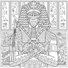 Dessin à colorier, un pharaon égyptien avec à l'arrière-plan des dessins égyptiens et des hiéroglyphes