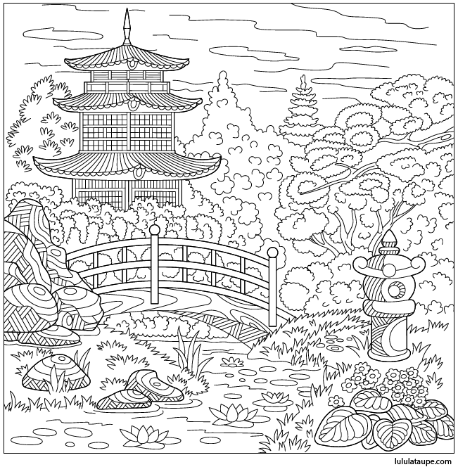 Dessin abstrait en noir et blanc pour adultes ou enfants, une pagode