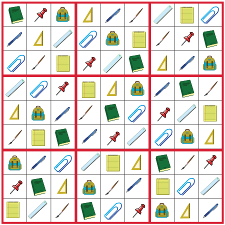 Solution jeu de sudoku, les fournitures scolaires