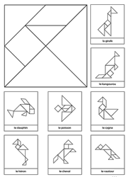 Tangram à imprimer en noir et blanc avec 8 modèles d'animaux