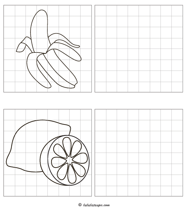 Jeu à imprimer, reproduire un dessin sur quadrillage, une banane, un citron