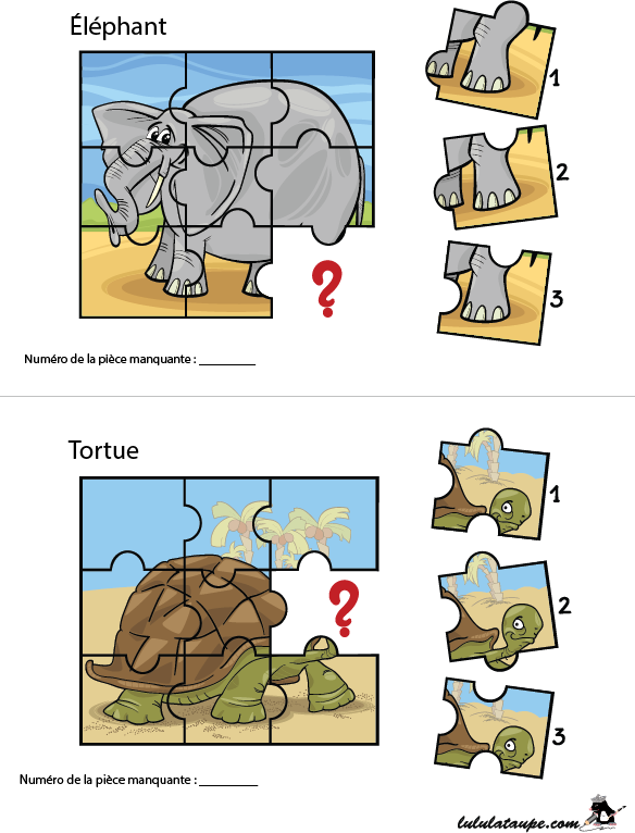 Jeu de puzzle à imprimer, un éléphant, une tortue