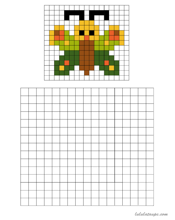 Pixel art, un papillon à colorier sur une grille