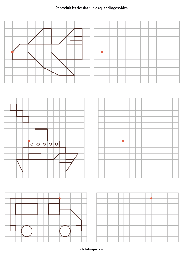 Reproduire un dessin sur un quadrillage, un avion, un bateau et un camion