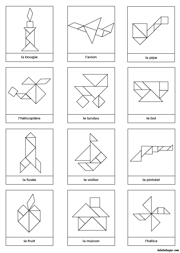 Page de modèles d'objets à réaliser pour jeu Tangram