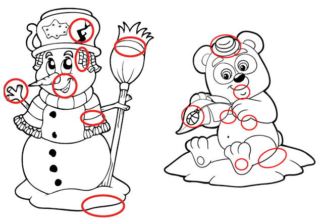 Solutions, jeu des différences, le bonhomme de neige, le panda