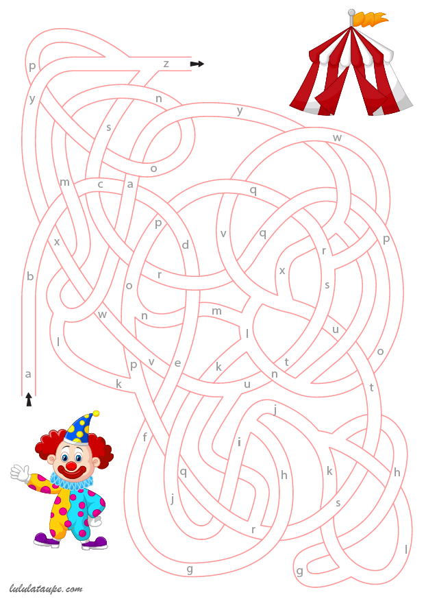 Jeu de labyrinthe à imprimer pour apprendre l'alphabet, lettres minuscules