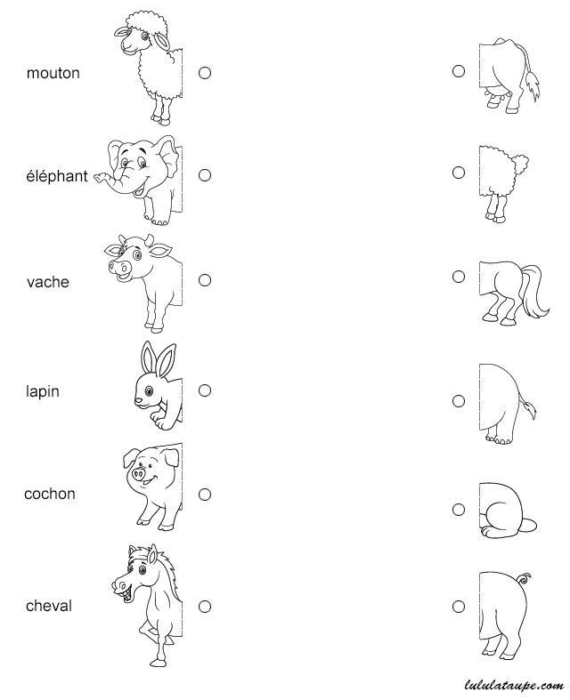 Exercice à imprimer, relier l'avant et l'arrière des animaux 